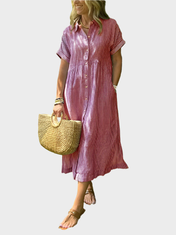 Ριγέ Πουκάμισο Φόρεμα με Πτερύγια, Κουμπιά και Λειτουργικές Τσέπες