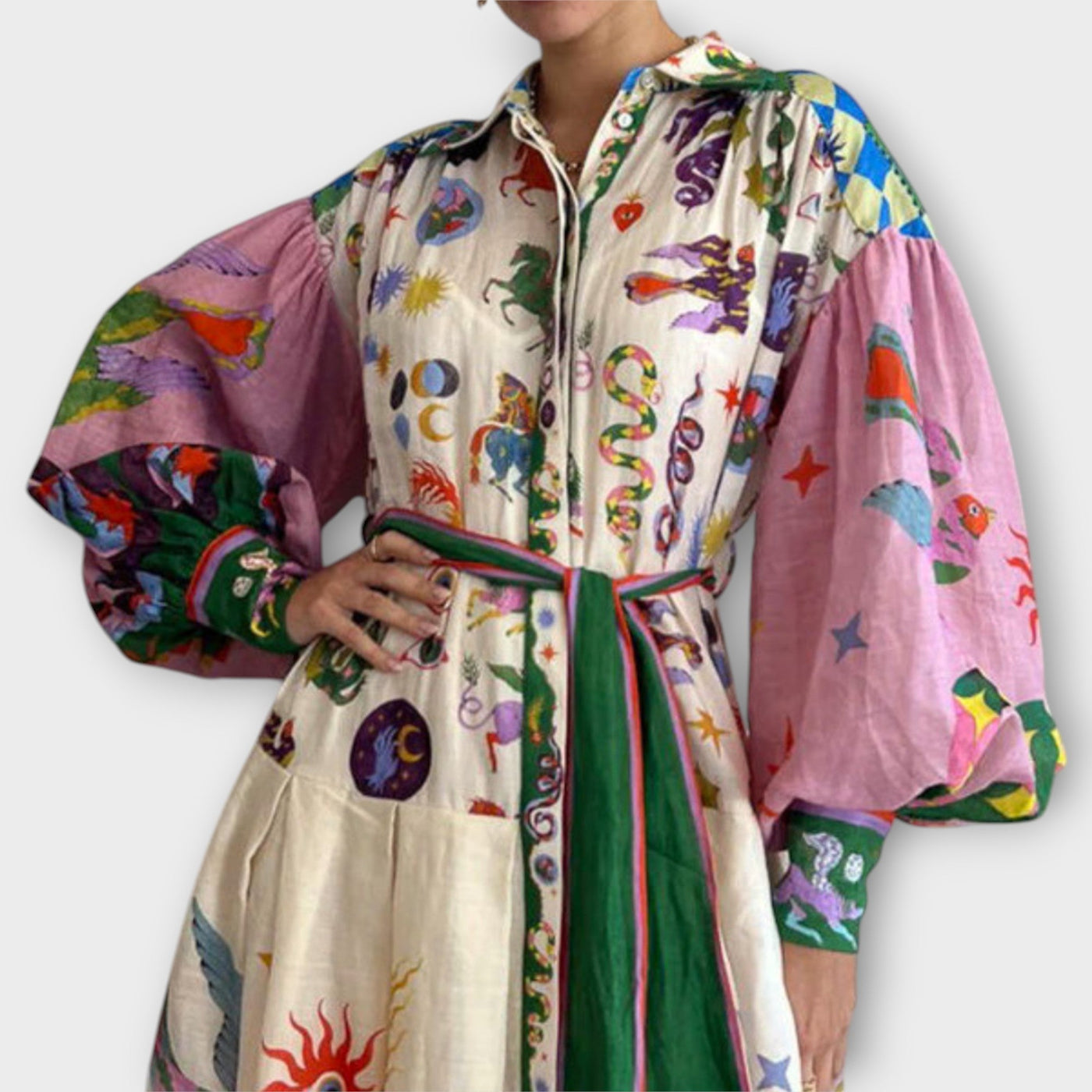 Maxi Φόρεμα Με Ζώνη &amp; Φουσκωτά Μανίκια