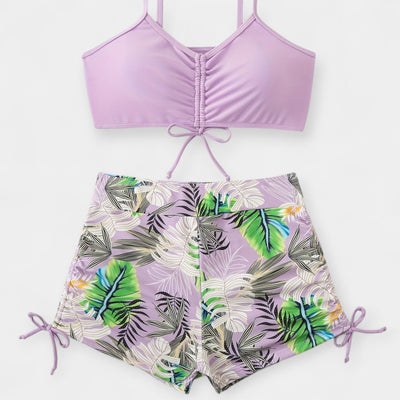 Ψηλόμεσο Μπικίνι με Τροπικό Σχέδιο και Λουράκια