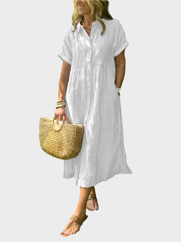 Ριγέ Πουκάμισο Φόρεμα με Πτερύγια, Κουμπιά και Λειτουργικές Τσέπες
