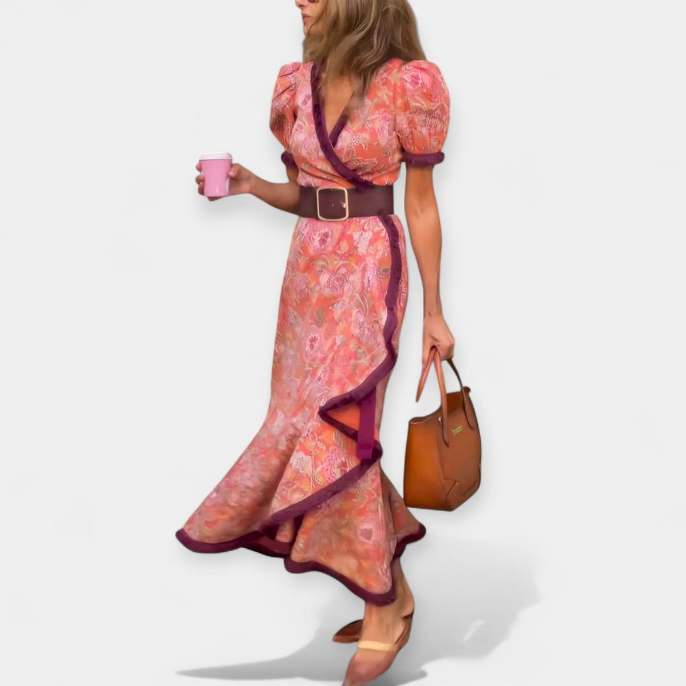 Ρομαντικό Φόρεμα με Ζώνη και Σατέν Βολάν