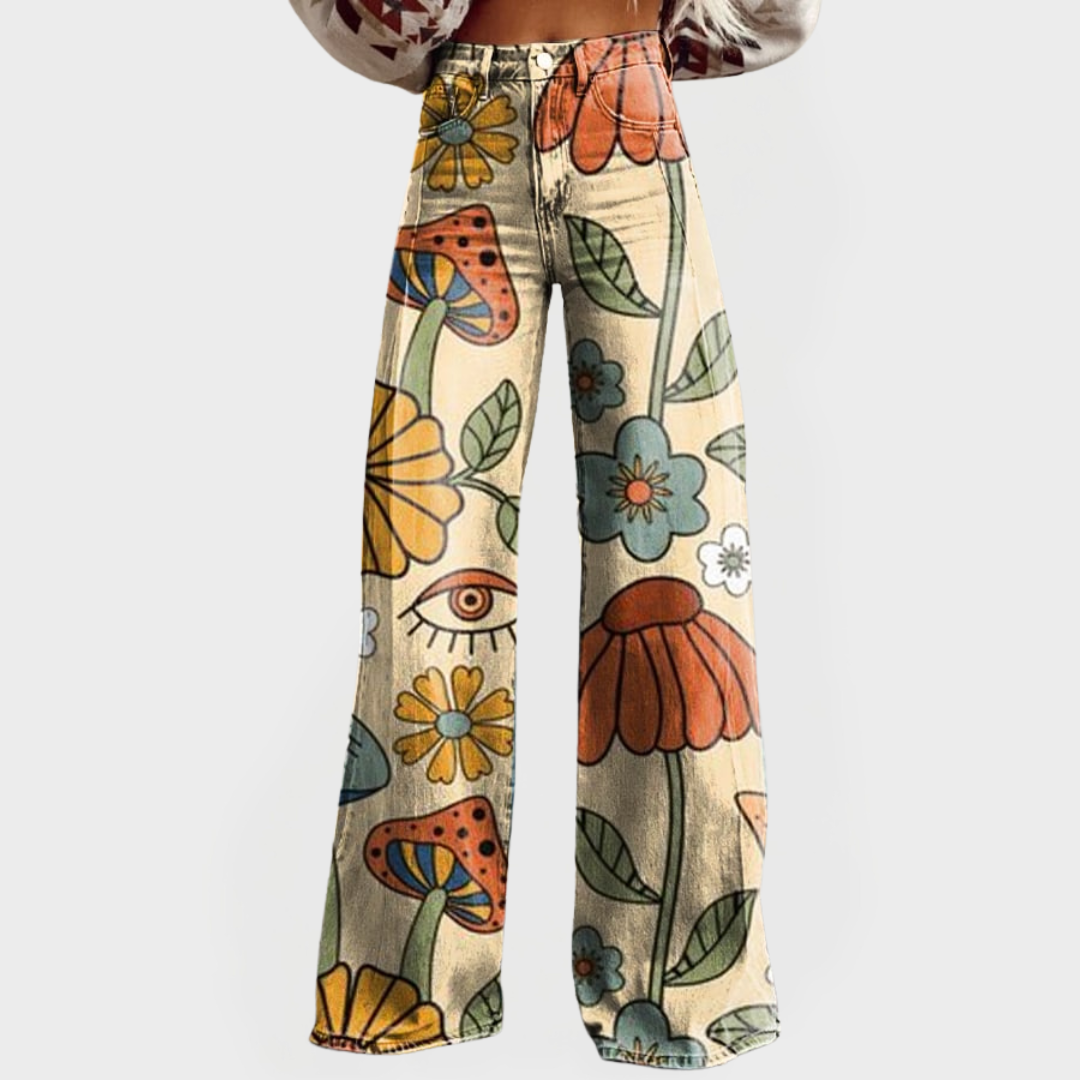 Τζιν με Φαρδιά Μπατζάκια και Ρετρό Λουλουδάτο Σχέδιο