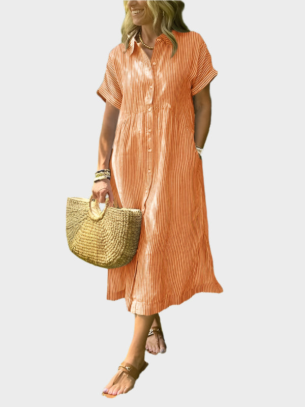 Ριγέ Πουκάμισο Φόρεμα με Πτερύγια, Κουμπιά και Λειτουργικές Τσέπες
