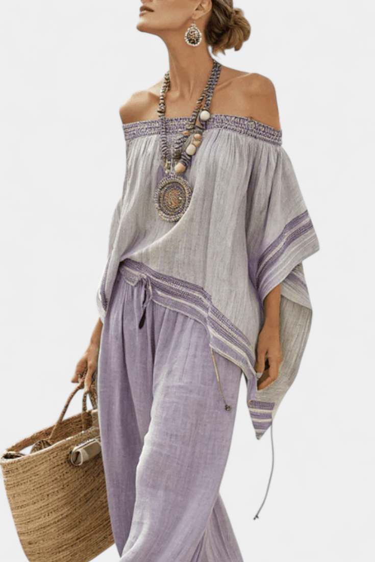 Σαλονάκι από μπαμπού με ρίγες, με ανοιχτούς ώμους και φαρδιά παντελόνια για ένα κομψό και φρέσκο ​​στυλ