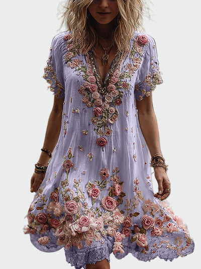 Φόρεμα σε Βίντατζ στυλ με κοντό μανίκι και Κομψό Λουλουδάτο Κέντημα