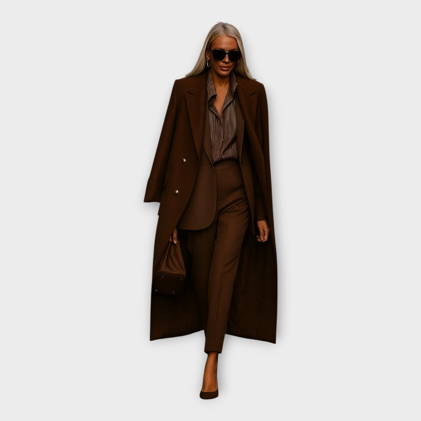 Κομψό σετ με παντελόνι και παλτό σε minimal γραμμή 