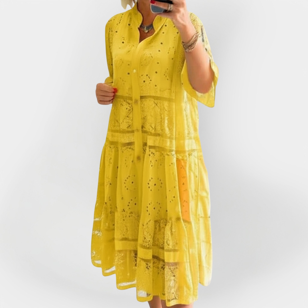 Φόρεμα Δαντέλας με Μανίκια και Μπροστινά Κουμπιά 