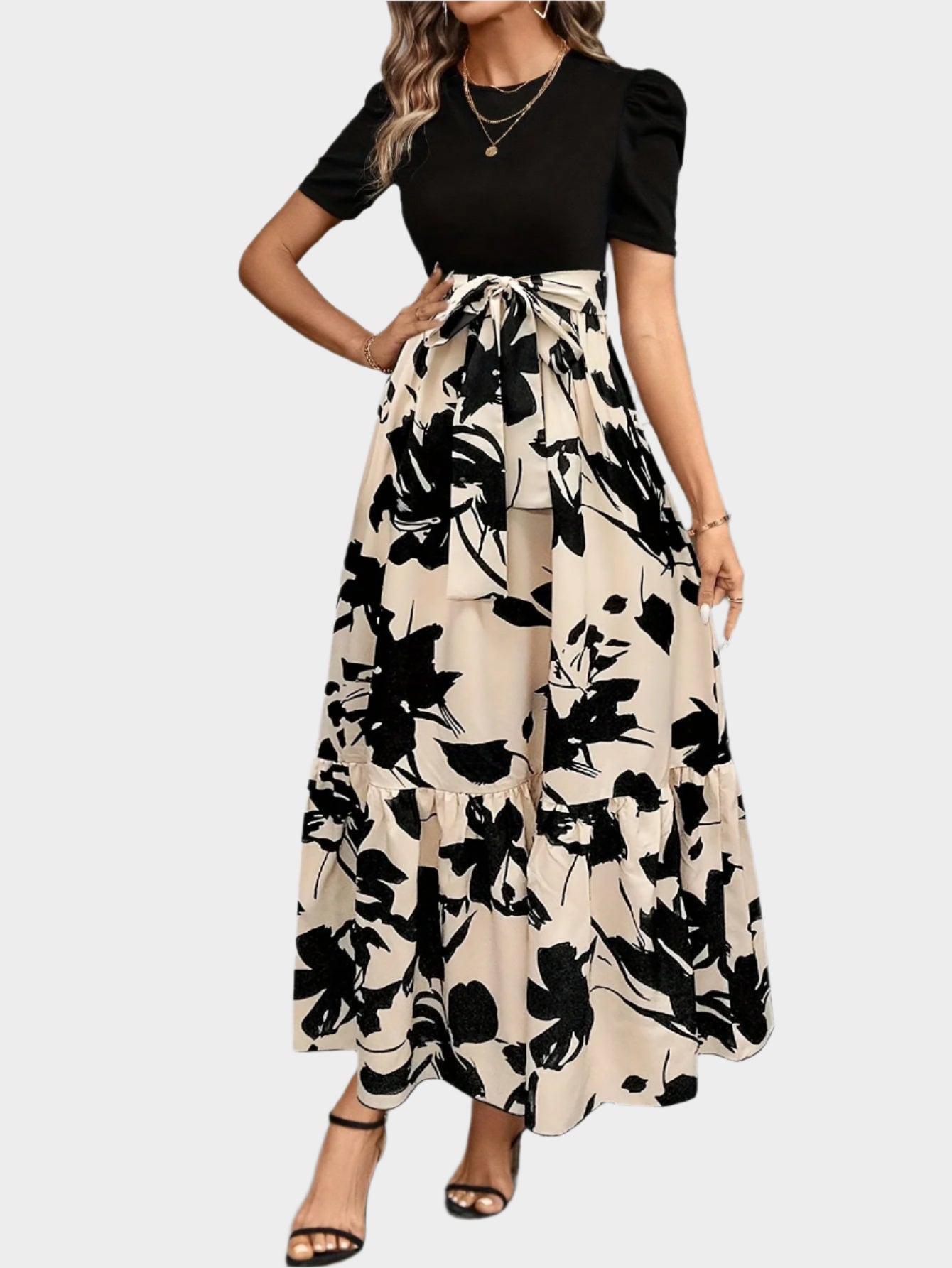 Φλοράλ Φόρεμα με Ψηλή Μέση και Ριγέ Μοτίβα