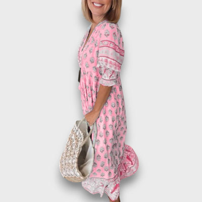 Αέρινο Φόρεμα Boho με Μανίκια 3/4 και Λαιμόκοψη με Κορδόνια