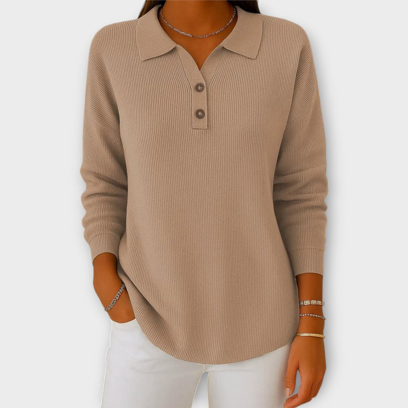 Πλεκτή Μπλούζα με Κομψό Γιακά και Κουμπιά 