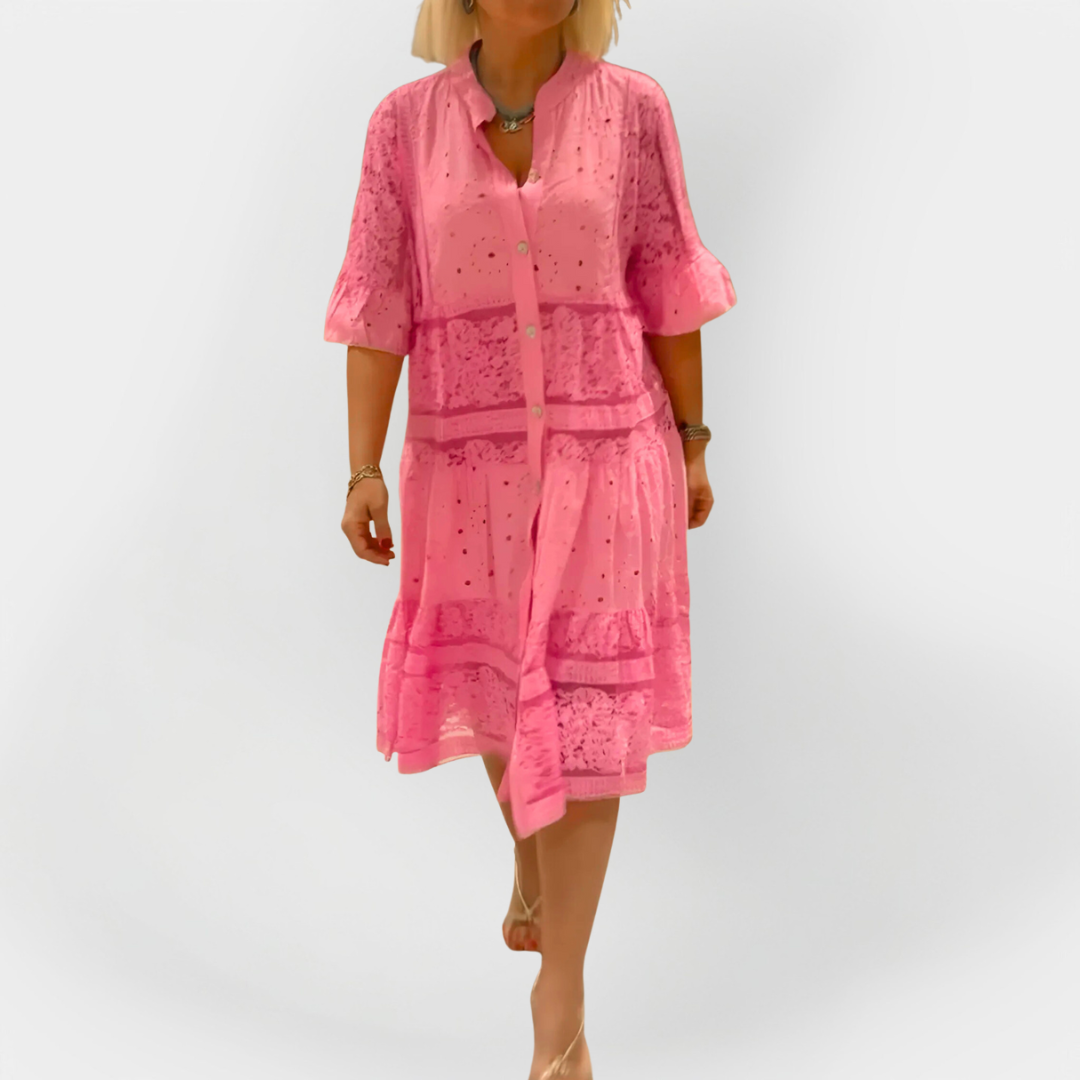 Φόρεμα Δαντέλας με Μανίκια και Μπροστινά Κουμπιά 