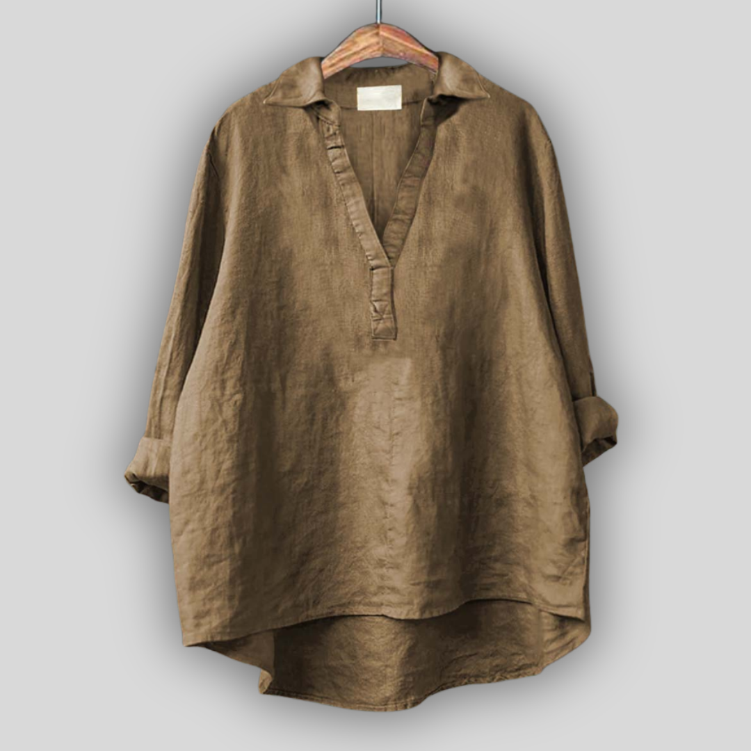 Λευκή Λινή Μπλούζα με V Λαιμόκοψη