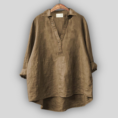 Λευκή Λινή Μπλούζα με V Λαιμόκοψη