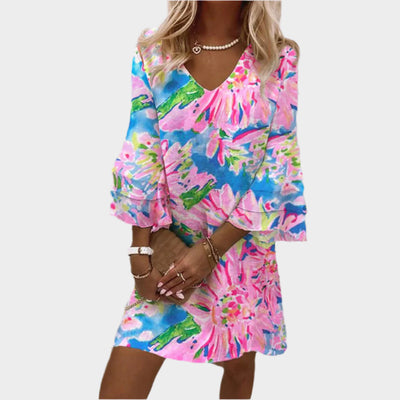 Κομψό Ροζ Μίνι Φόρεμα με Καμπυλωτά Μανίκια