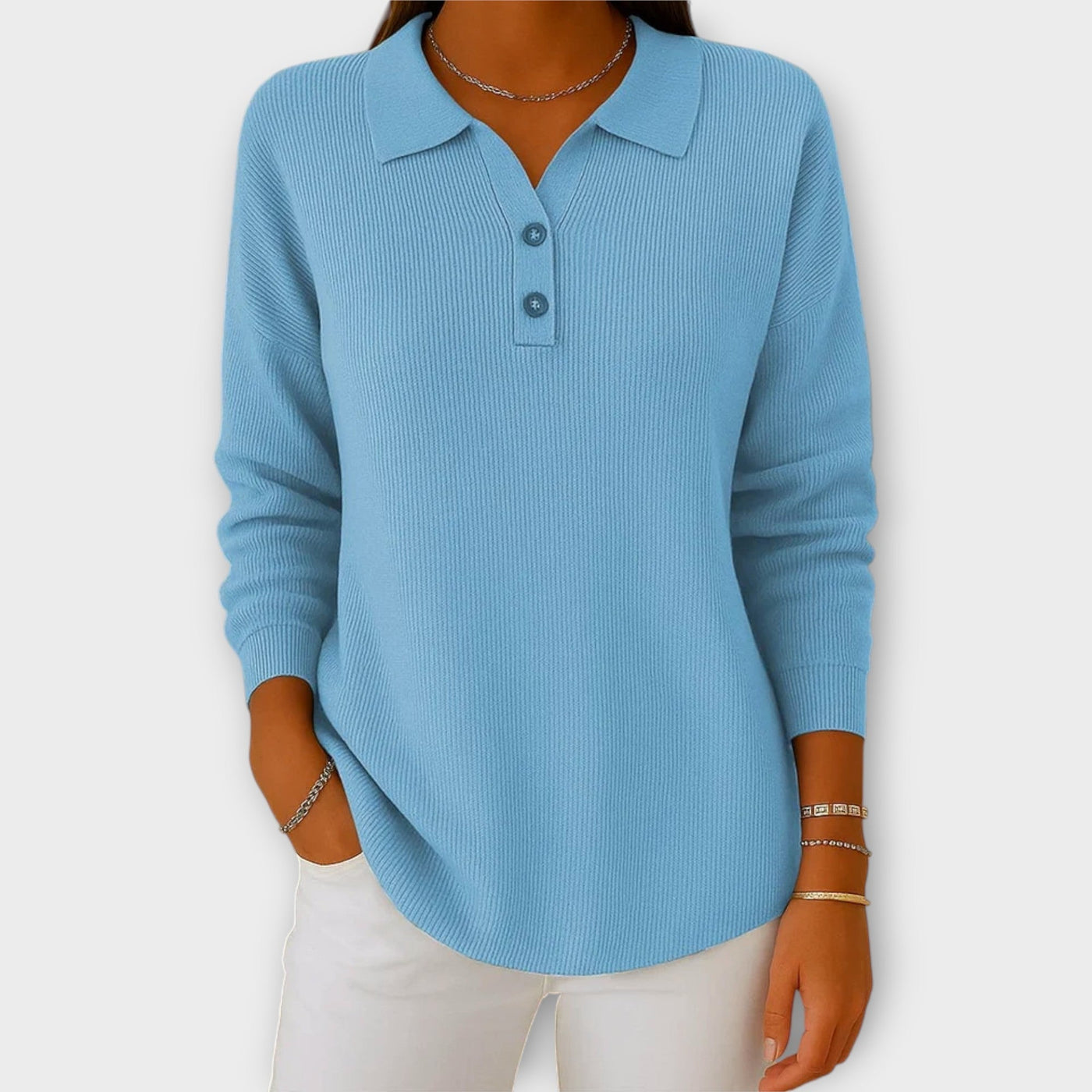 Πλεκτή Μπλούζα με Κομψό Γιακά και Κουμπιά 