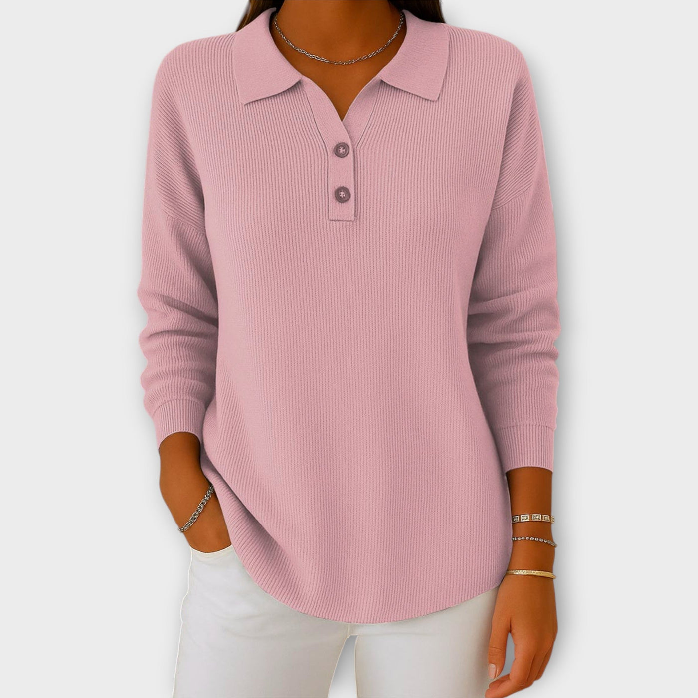 Πλεκτή Μπλούζα με Κομψό Γιακά και Κουμπιά 