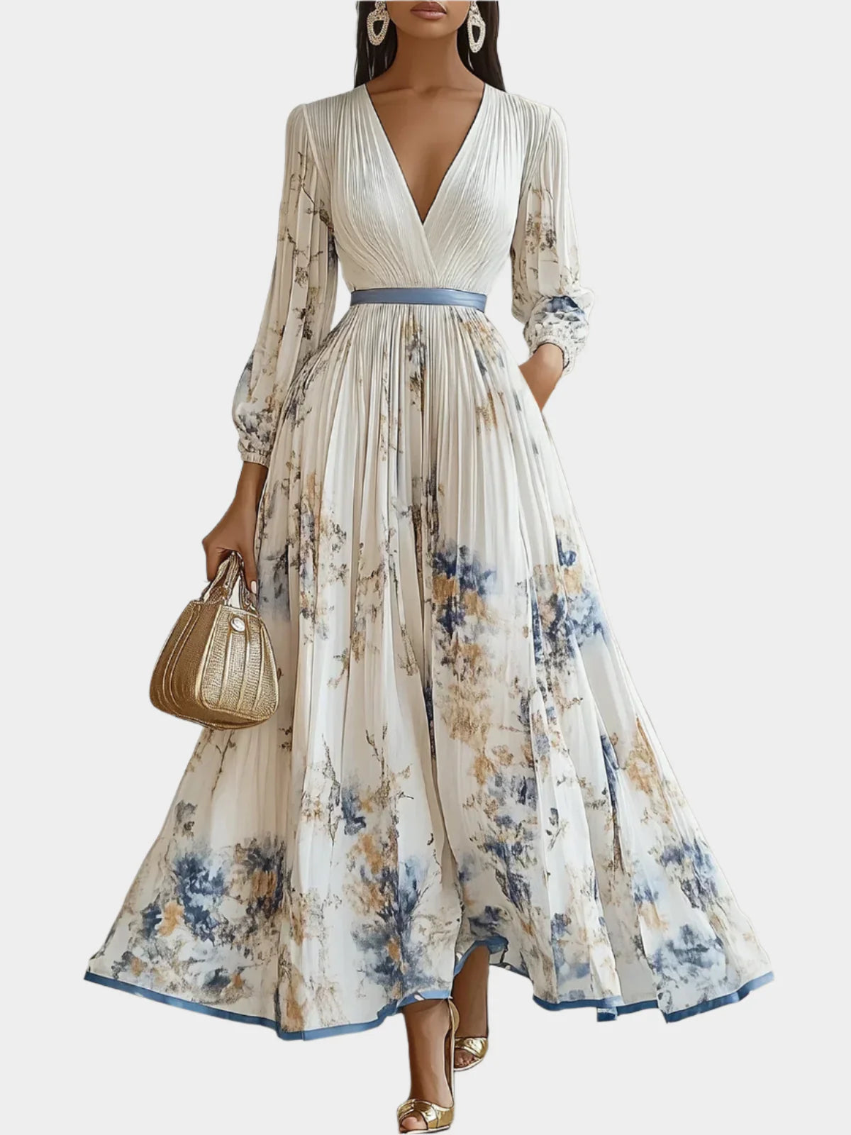 Μακρύ Φόρεμα με Φουσκωτά Μανίκια και V-Λαϊμόκοψη