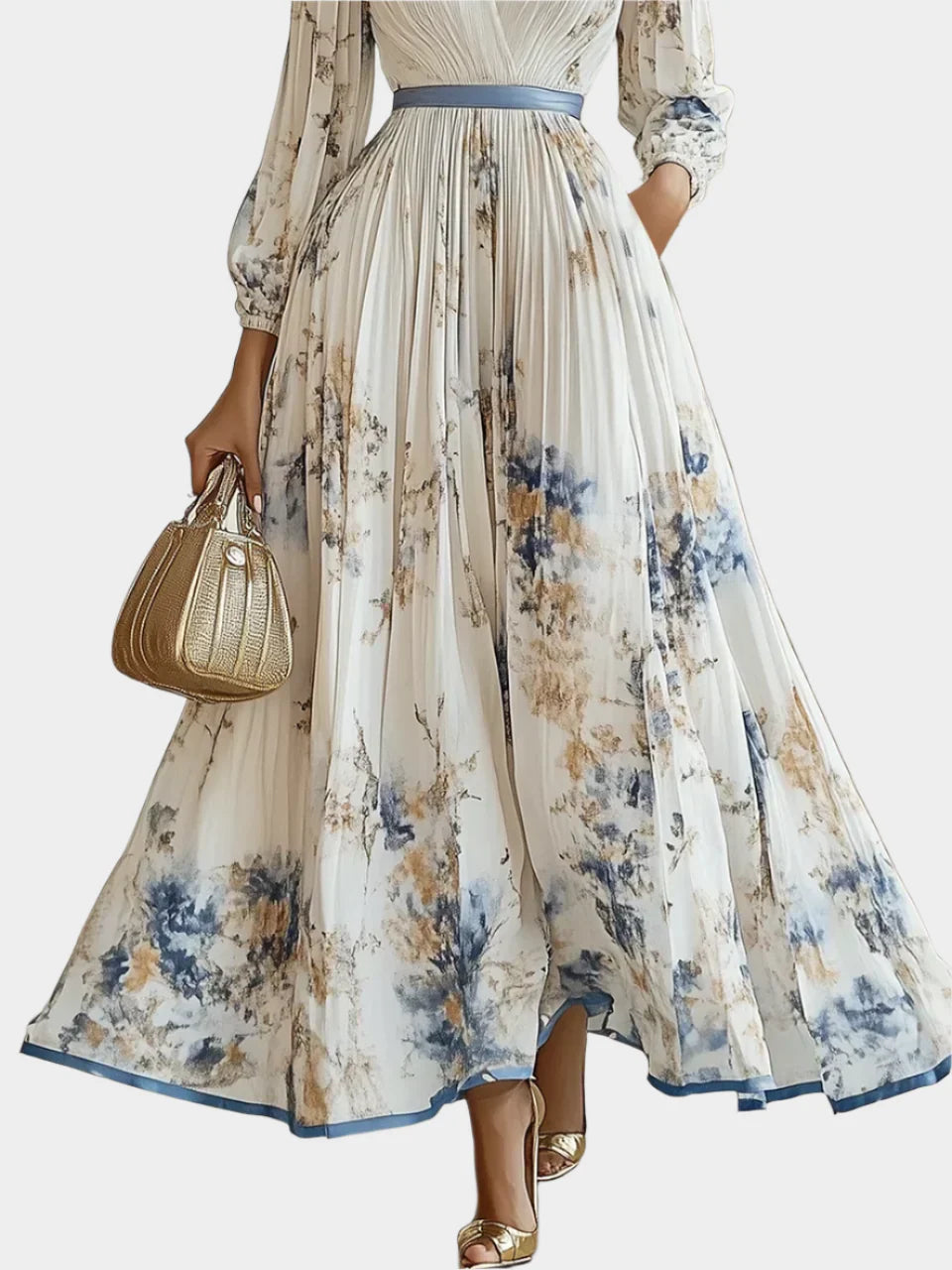 Μακρύ Φόρεμα με Φουσκωτά Μανίκια και V-Λαϊμόκοψη