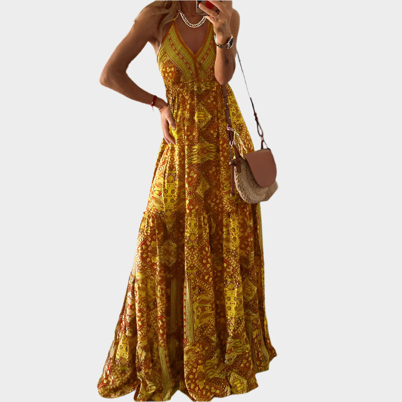 Boho Φόρεμα με Λεπτές Τιράντες και V-Ντεκολτέ