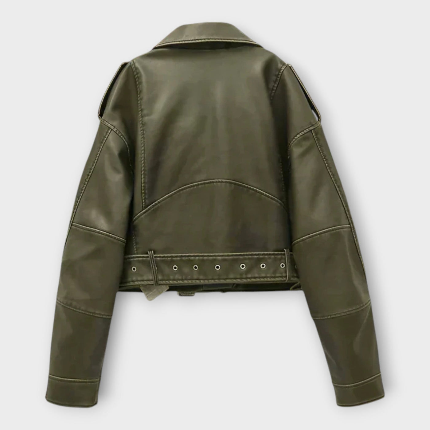 Μοντέρνο Κοντό Δερμάτινο Μπουφάν με Ζώνη και Εκλεπτυσμένη Αισθητική 