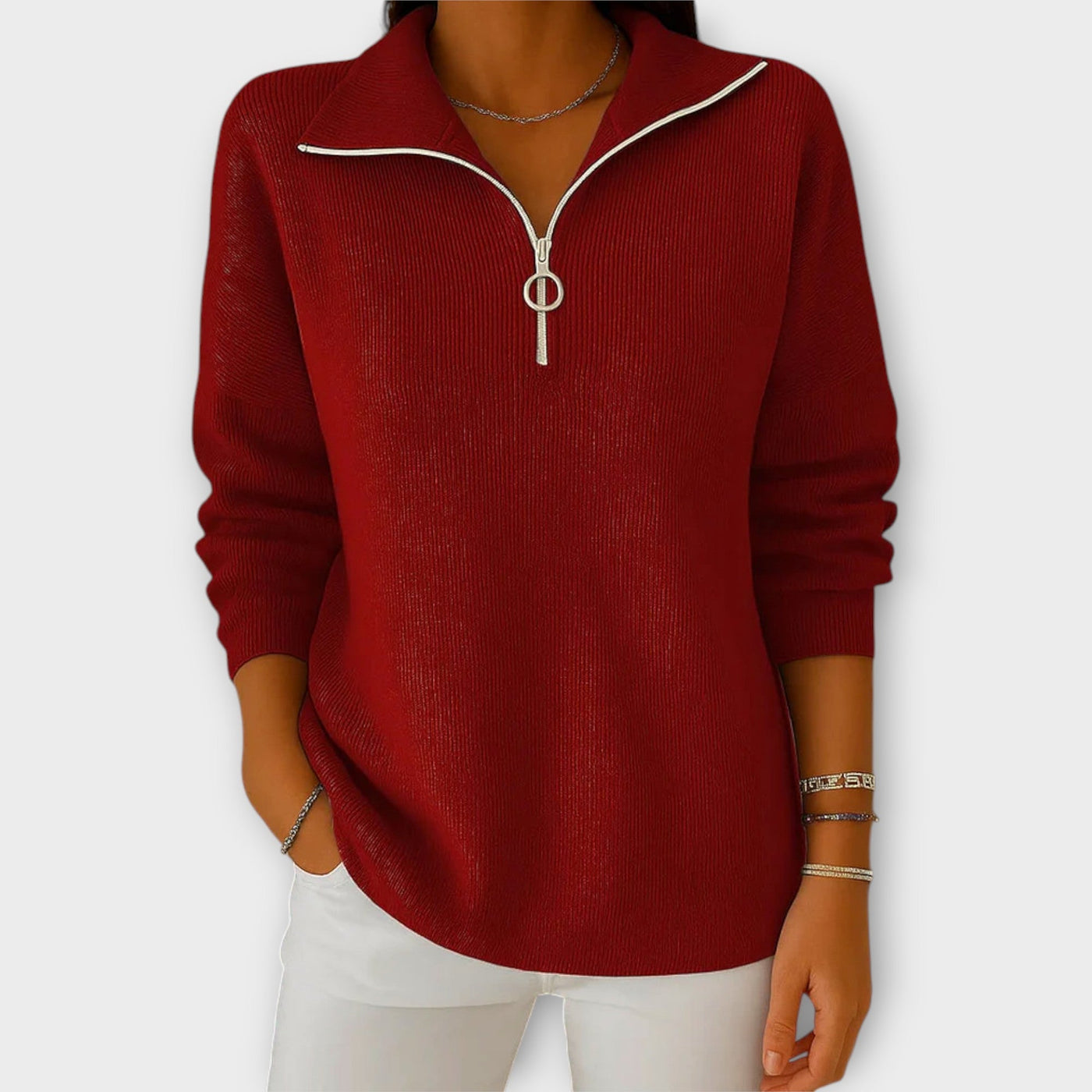 Πλεκτή Μπλούζα με Φερμουάρ και Κομψό Γιακά