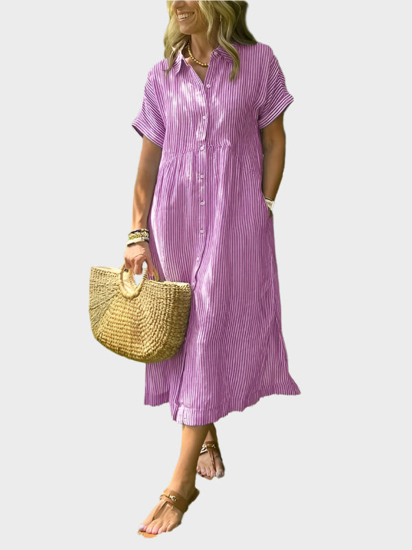 Ριγέ Πουκάμισο Φόρεμα με Πτερύγια, Κουμπιά και Λειτουργικές Τσέπες