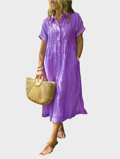 Ριγέ Πουκάμισο Φόρεμα με Πτερύγια, Κουμπιά και Λειτουργικές Τσέπες