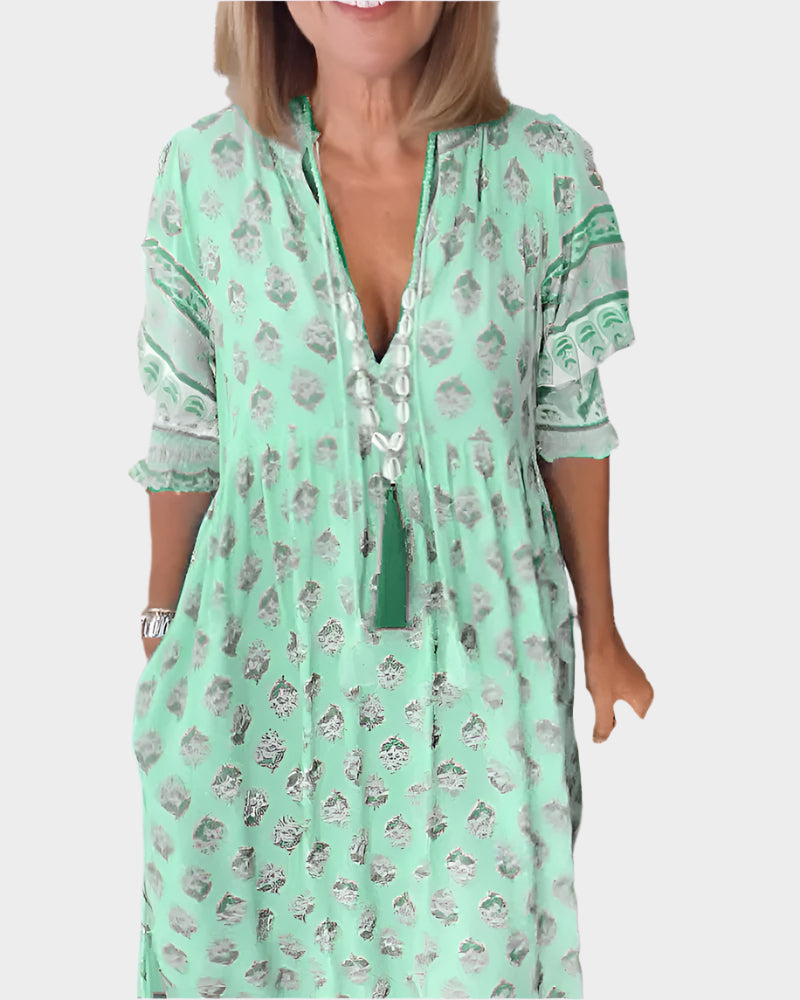 Boho Φόρεμα με Άνετη Γραμμή και Φουσκωτά Μανίκια