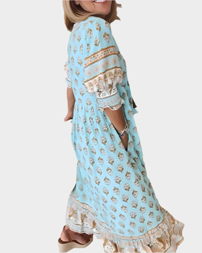 Boho Φόρεμα με Άνετη Γραμμή και Φουσκωτά Μανίκια